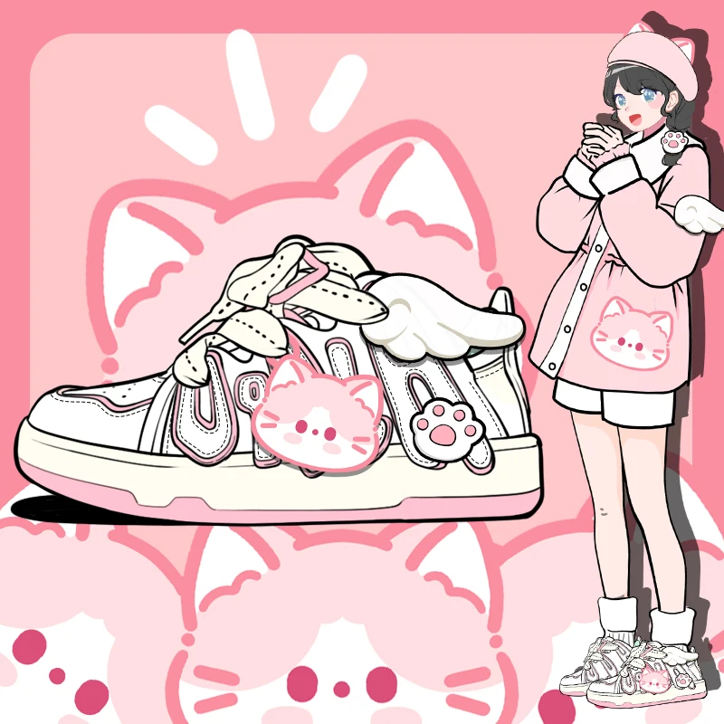 Amy And Michael Kawaii Anime Kitty Flat Sneakers for Girls Lovely Casual White Skateboard Shoes Female Students Fashion Footwear