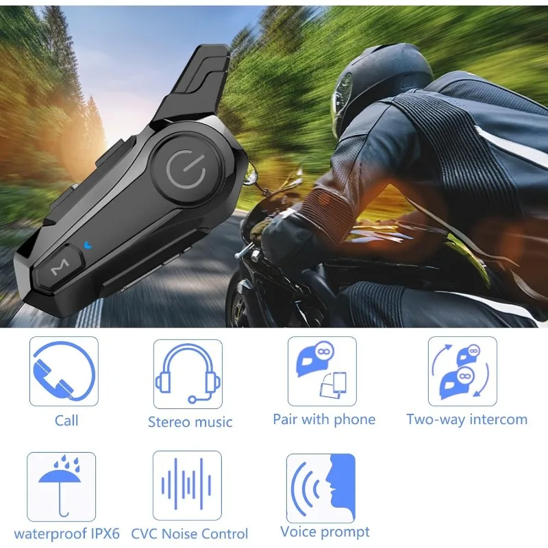 Motorcycle Headset E1 Helmet Intercom Headset with CVC Noise Cancellation Stereo Music IPX6 Waterproof for Full face Helmet