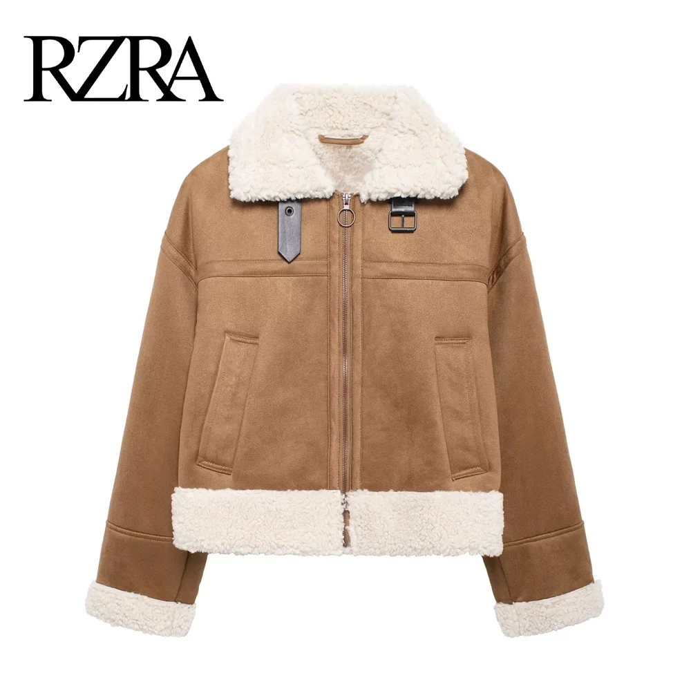 RZRA2024 autumn and winter new women's lapel long-sleeved zipper decorated fur jacket outerwear commuting warm