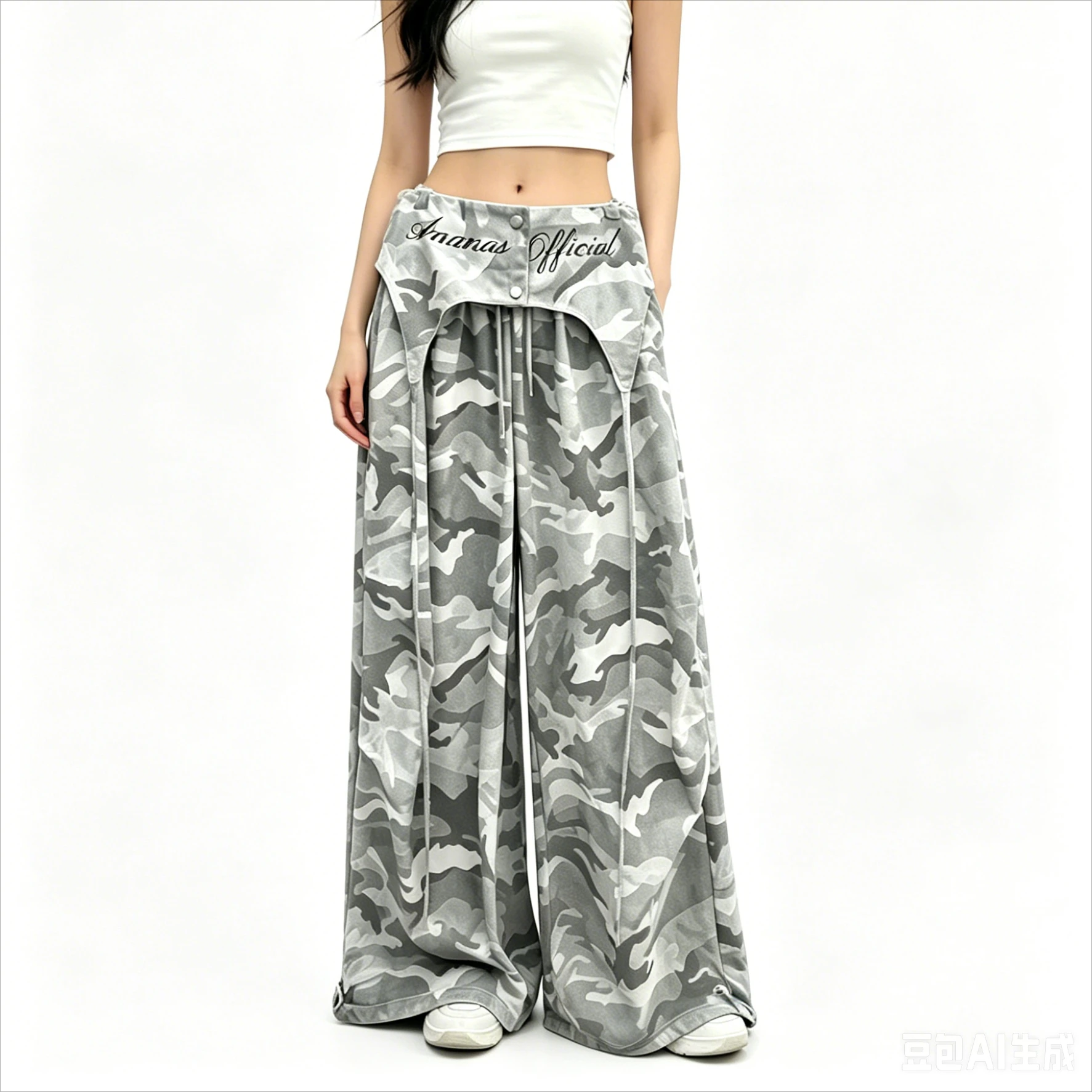 American Sweet Hot Women Camo Print Cargo Pants Attached Waist Skirt Overlay High Waist Wide Leg Streetwear Trousers New Summer