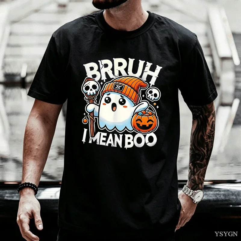 Fashion Ghost Bruh Cotton Tshirt Cute Ghost Pumpkin Candy Theme Unisex Tee Halloween Fans Streetwear Shirt Casual Halloween Top