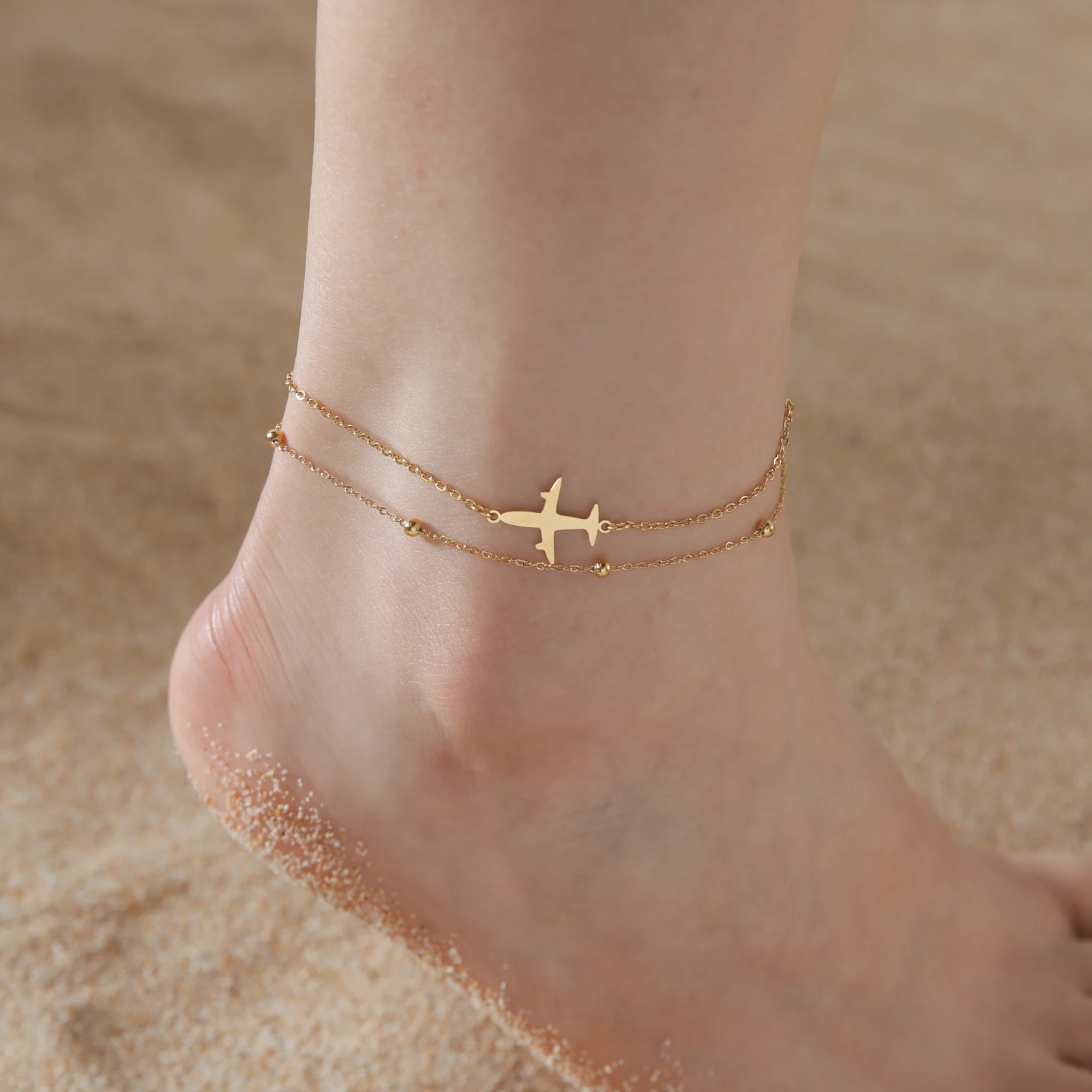 Kkjoy Stainless Steel Bohemia Gold Color Aircraft Anklets Two Layer Foot Legs Anklet Luxury Foot Chain Jewelry Accessories Gifts