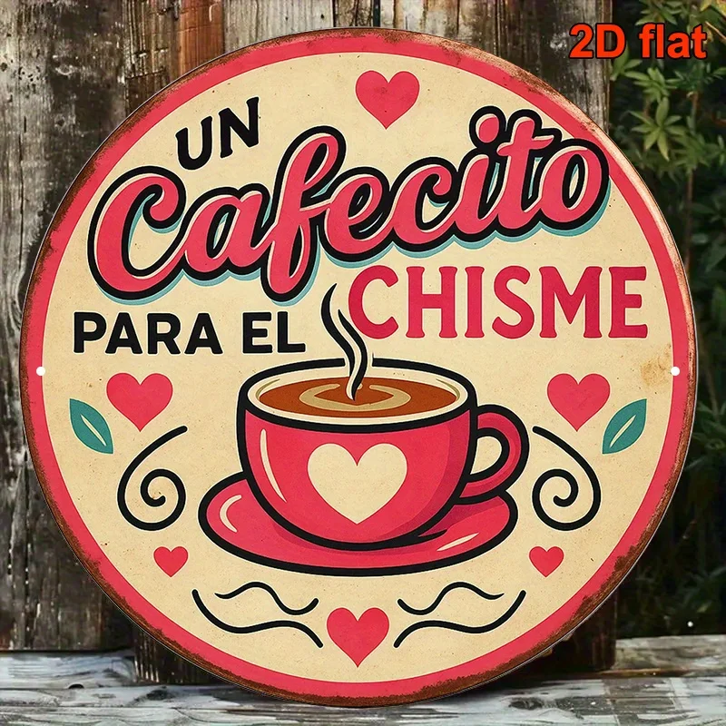 2D Flat, 1pc Spanish Coffee & Cafecito-Themed Round Metal Wall Plaque - Retro Spanish Phrase Sign with 