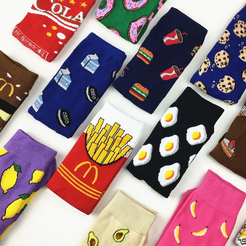 Colorful Women's Cotton Socks Fries Coke Fruits Banana Avocado Lemon Egg Cookie Donuts Food Happy Color Sox Harajuku Socks Men