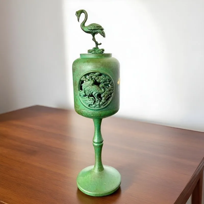 Antique Bronze-Colored, Emerald-Green , Three-Legged Boshan Incense Burner With Carved Designs, For Home Use, Indo