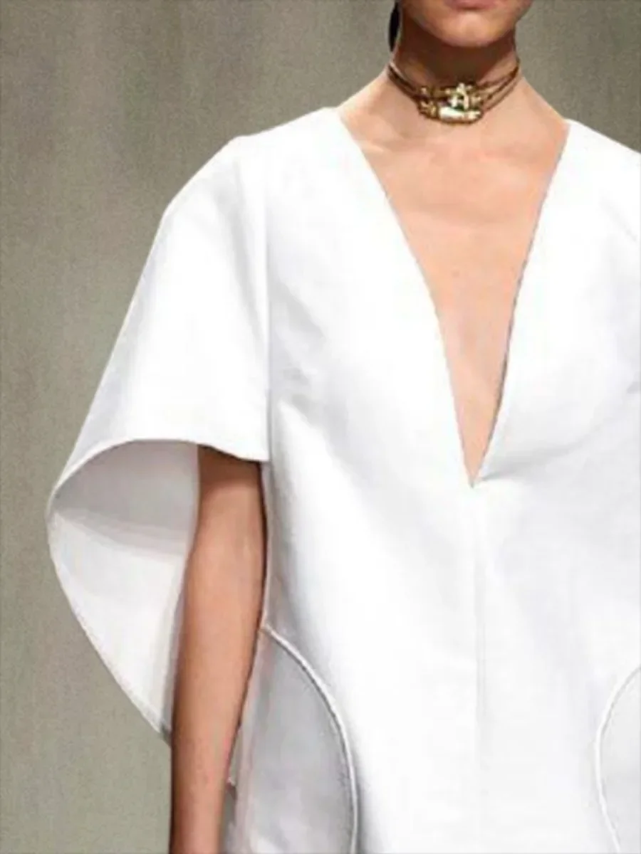 เดรสสีพื้นคอวีลึกเหนือเข่า แขนสั้นทรงหลวม แฟชั่นสำหรับงานปาร์ตี้ งานพรอม งานราตรี