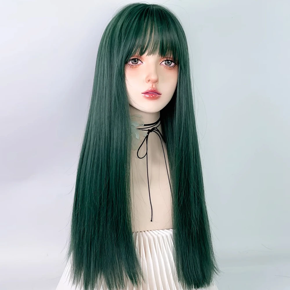 Synthetic Long Straight Dark Green Wigs with Bangs Natural Lolita Cosplay Fluffy Women Hair Wig for Daily Party