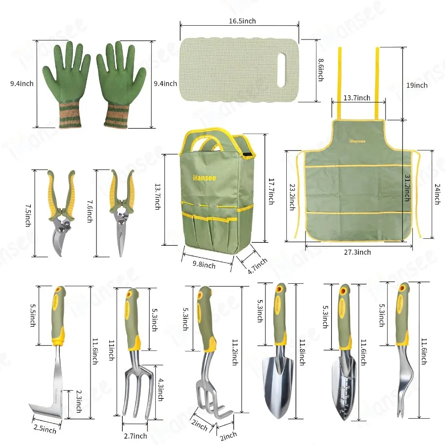 Set of 12 Garden Tool iHansee Heavy-Duty Aluminum Gardening Hand Tools with Rubber Non-Slip Handle Garden Apron Gloves Kneeling