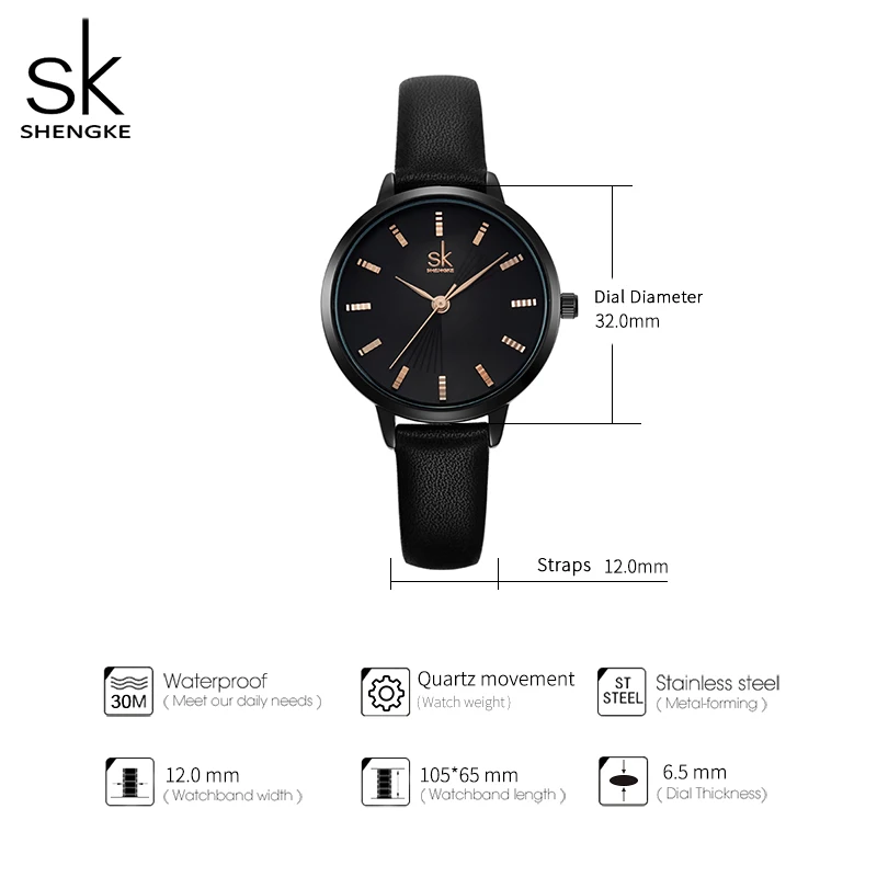 SHENGKE SK Top Luxury Women Watches Black Leather Strap Ladies Quartz Wristwatches Original Design Diamond Womans Clock Dropship