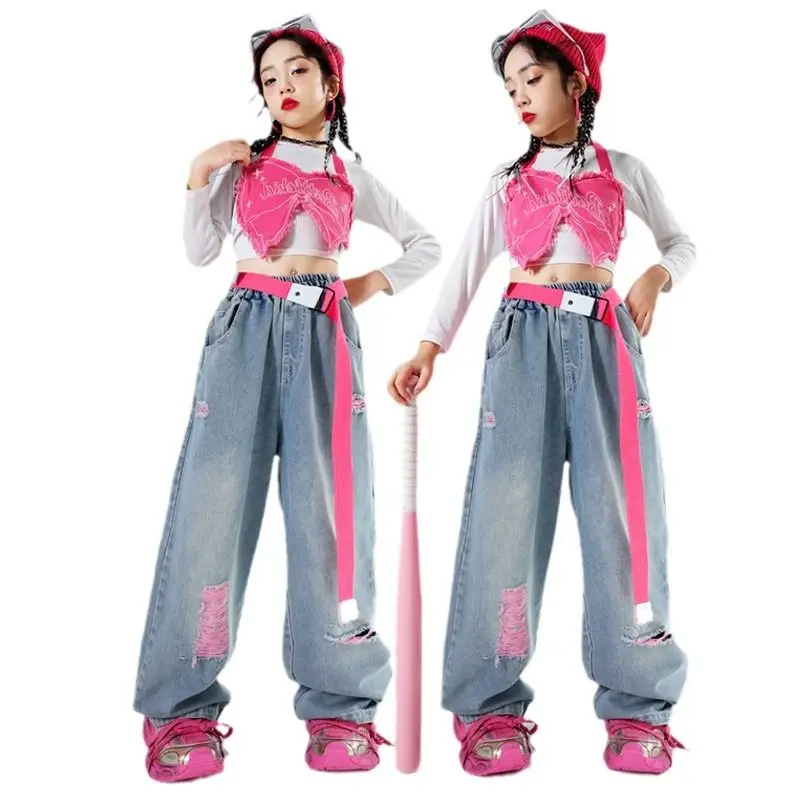 

Hip Hop Girls Lovely Crop Top Ripped Pink Jeans Child Street Dance Sweatshirt Streetwear Clothes Sets Kids Jazz Joggers Costumes