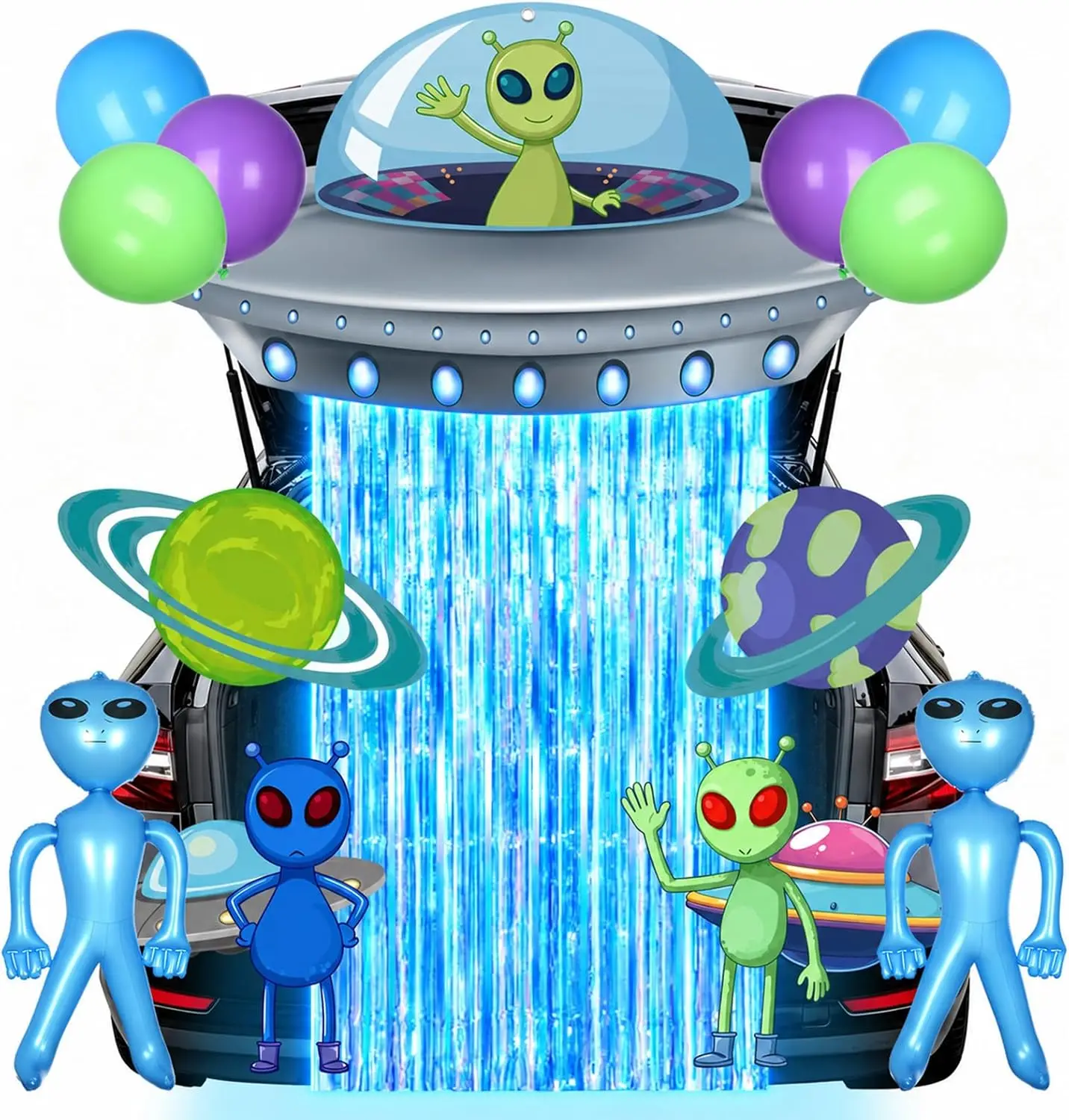 22pcs Alien Birthday Decorations UFO Space Backdrop and Balloons,Blue