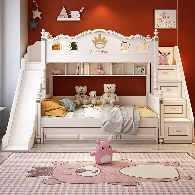Solid Wood Bunk Bed with Slide Twin Over Full Loft Frame Space Saving Design for Kids Room Small Apartment