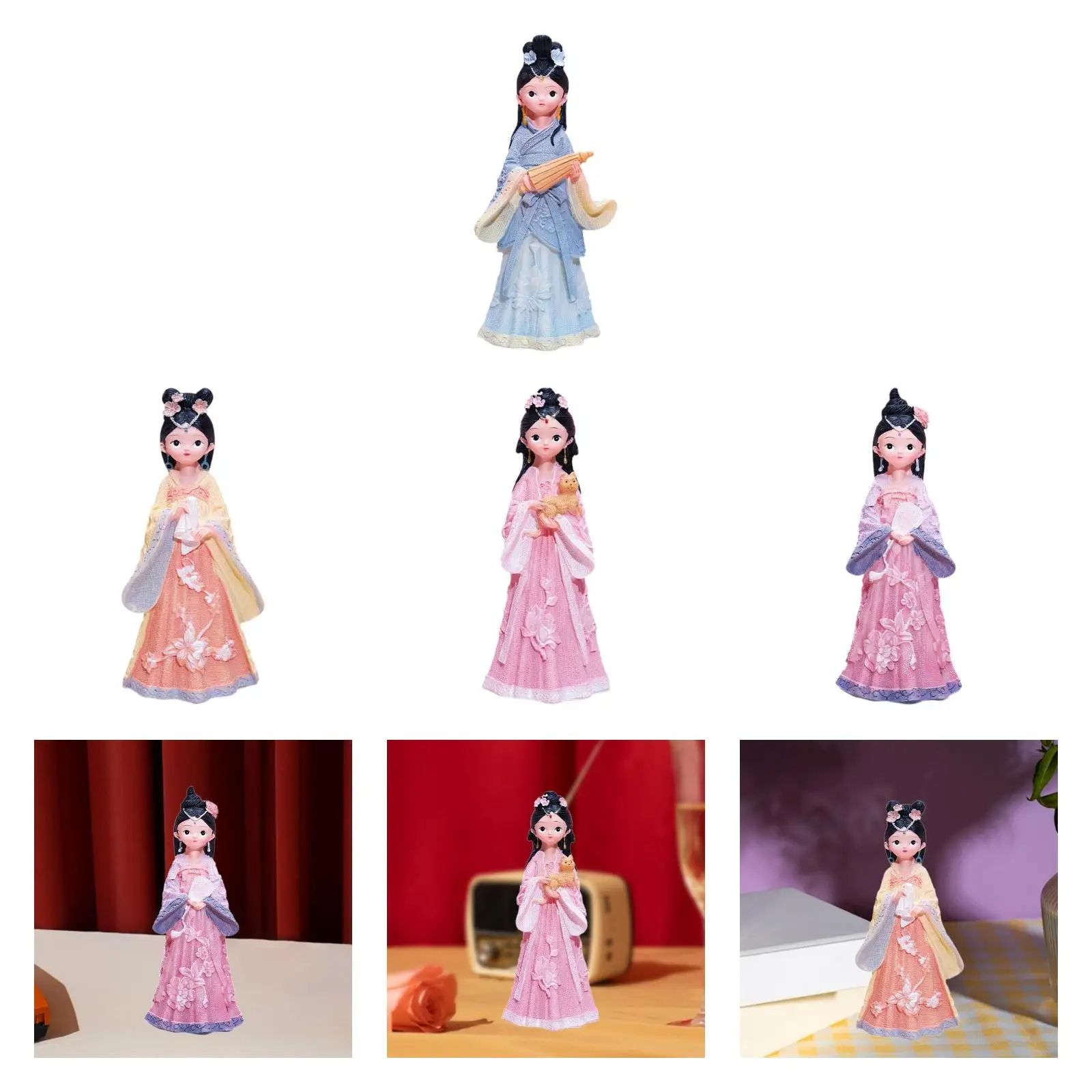 Chinese Ancient Girl Doll Resin Gifts Decorations Artwork Novelty Figurine for Bookshelf Living Room Desktop Bedroom Nightstands