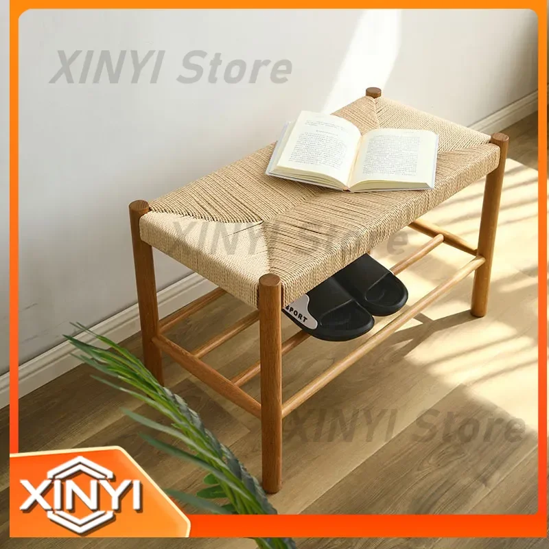 Nordic White Oak Shoe-Changing Stool for Braided Rope Cowhide Rope Bench Solid Wood Entryway Bench