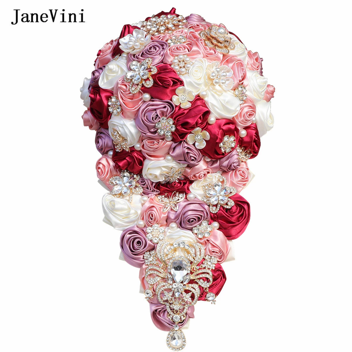 JaneVini Luxury Crystal Waterfall Bridal Bouquets Artificial Ivory Satin Roses Flowers Cascading Bouquet Accessories for Bride