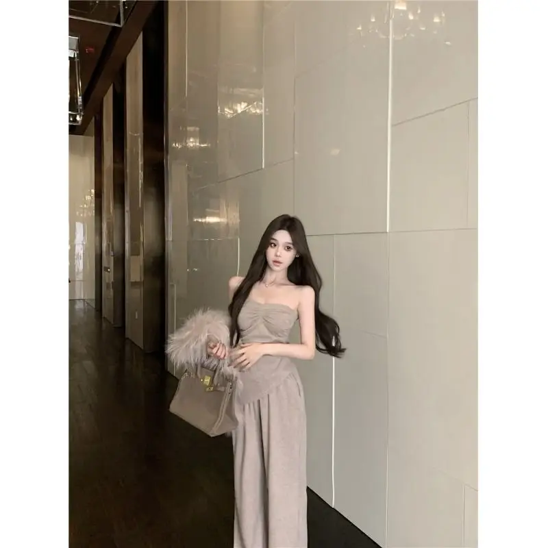 

Retro Knitted Set Women's Faion Casual Outfit Autumn Asymmetrical Top Bot Two-Piece Ensemble Ele Sle