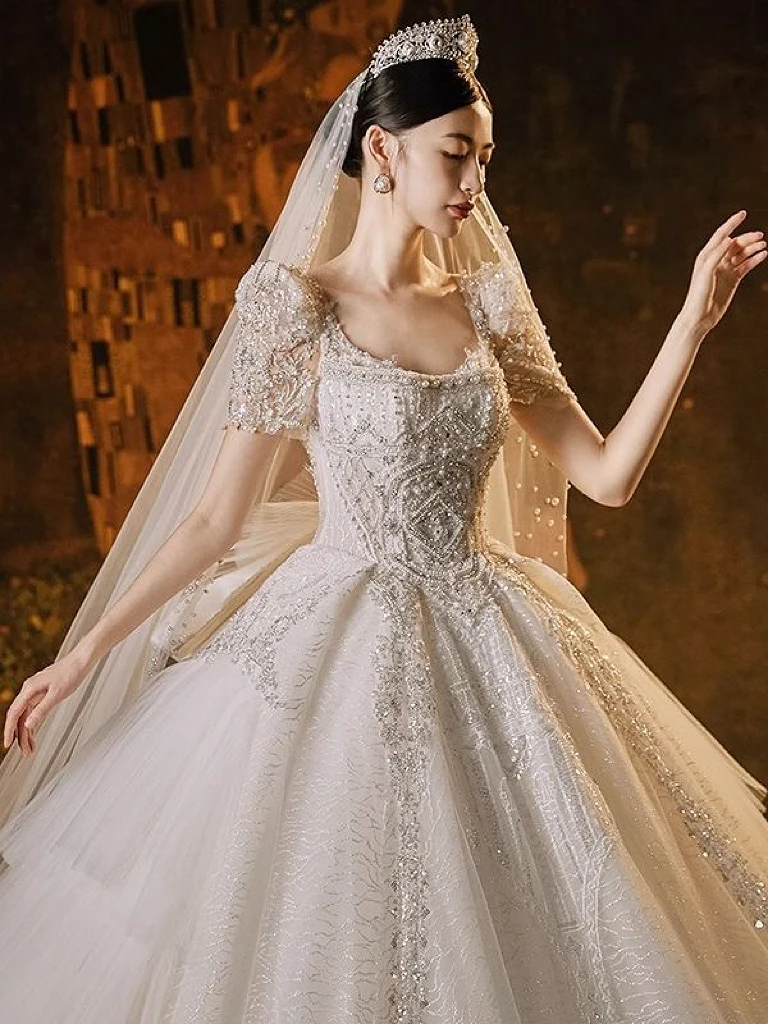 Ball Beading abito da sposa cristallo lusso fiocco manica corta principessa bella illusione indietro 2024 grande treno matrimonio abiti da sposa