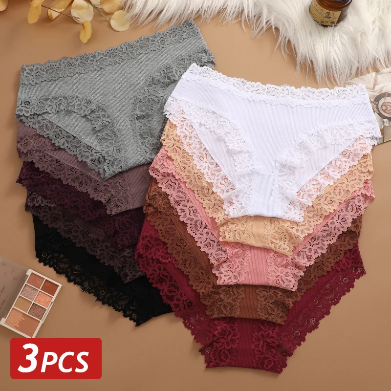 3PCS Floral Spitze Höschen für Frauen Sexy Low-Taille Slips Elastische Rippen Weiche Baumwolle Unterhose Damen Sexy Dessous einfarbig