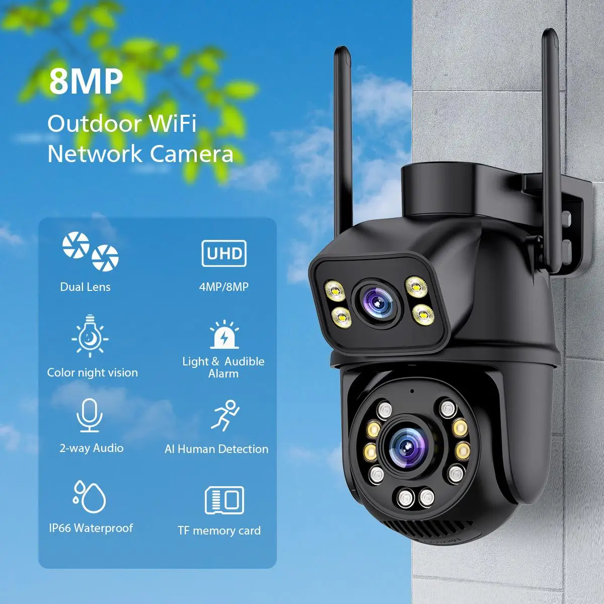 AIOOK ICSEE WiFi Camera Outdoor Waterproof Dual Lens HD 8MP 4K CCTV Two-way Audio Intercom Color Night Vision Intelligent Alarm