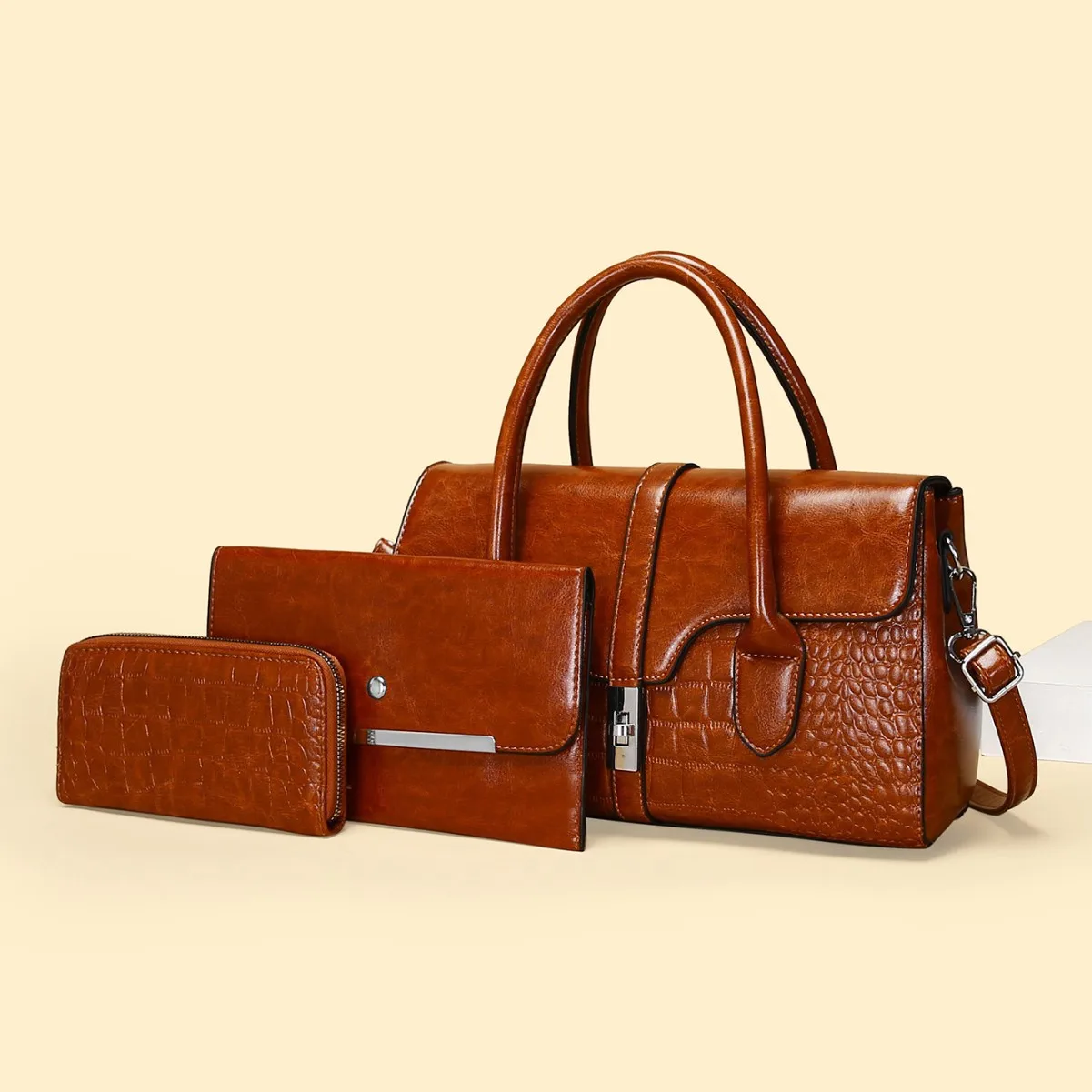 

Новая модная сумка-тоут 2025 года с крокодиловым узором для женщин, комплект из трех предметов: сумка для матери и ребенка, наплечная сумка-мессенджер