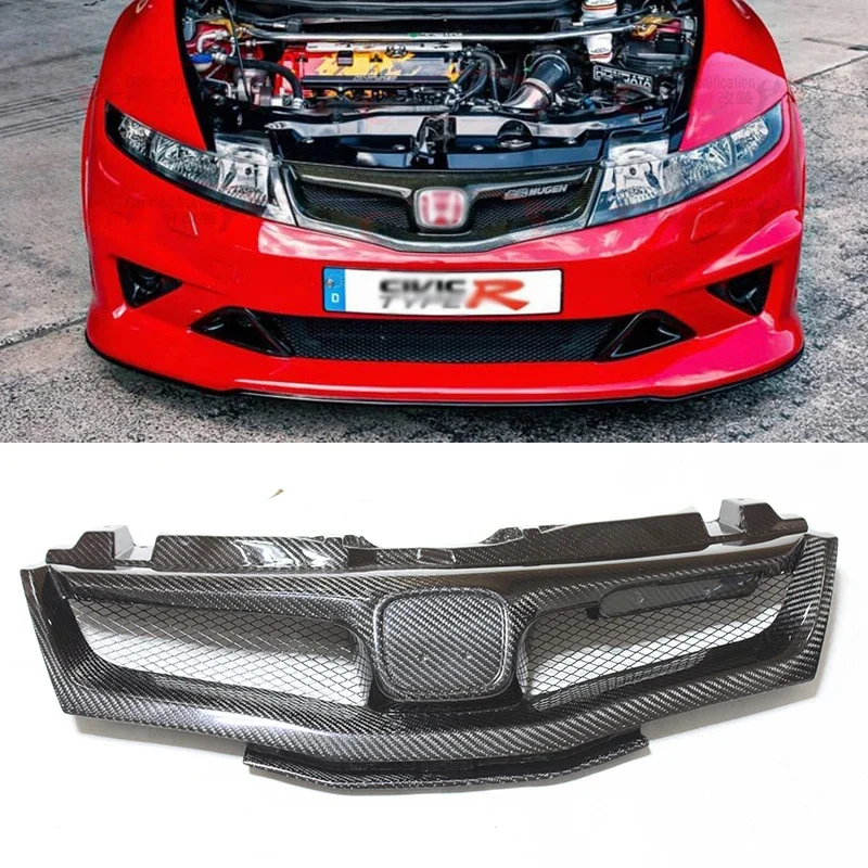 For Honda Civic FN FK FN2 TYPE R 2006 2007 - 2012 Real Carbon Fiber & Glass Fiber (Unpaited) Front Grille Mu-gen Style Air inlet