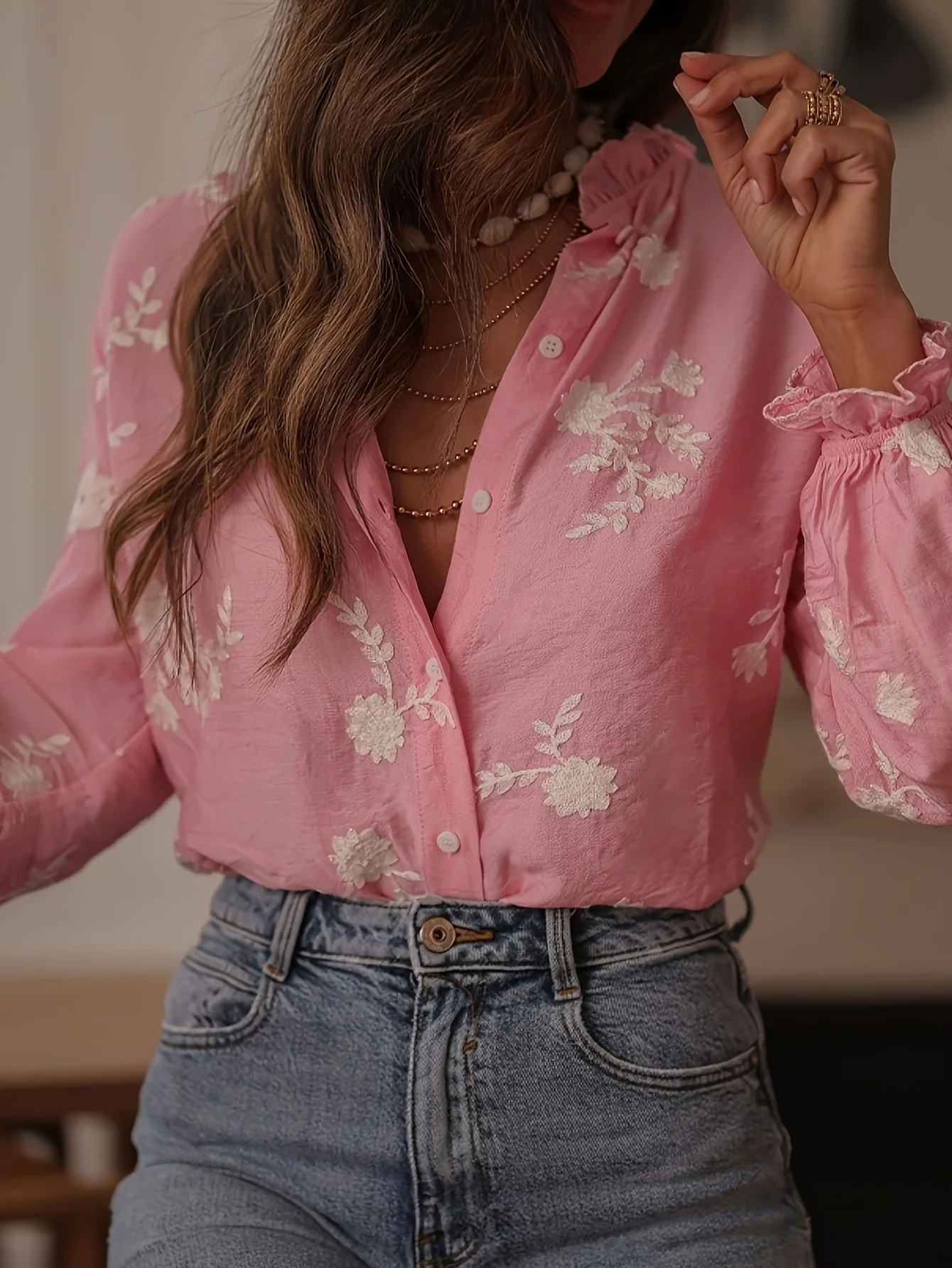 

New Women's Embroidered Shirt Lapel Button Cardigan Girls Fashion Top Long Sleeve Simple Loose Blouses for Female 2025