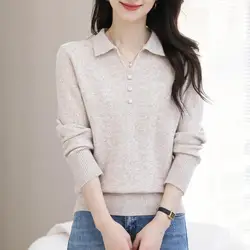Autumn Winter Pullover Long Sleeve Sweater Knitted Solid Color Screw Thread Women's Clothing Turn-down Collar Button Tops