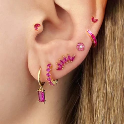 2022 New Trend Copper CZ Zircon Small Hoop Earrings for Women Rose Red Minimal Cuffs Ear Stud Earrings Wedding Piercing Jewelry