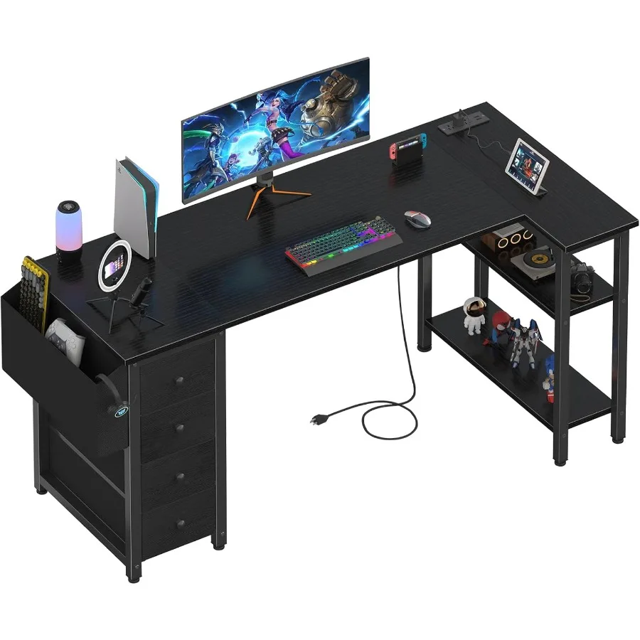 L Shaped Gaming Desk with Drawers Storage Shelves 63 Inch Corner Computer Desk with Power Outlet for Home Office Bedroom LShape