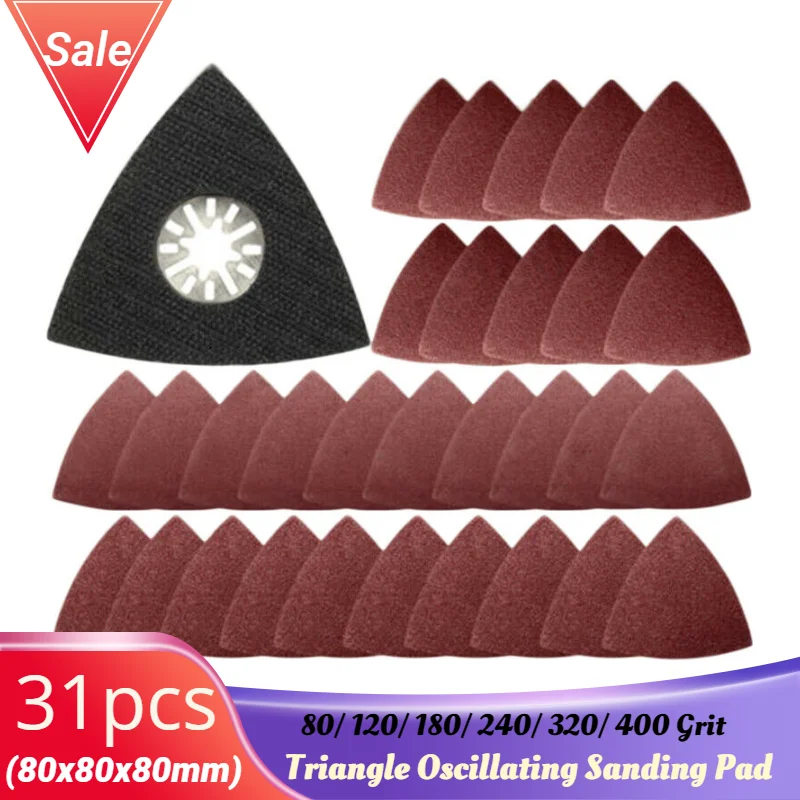 

31Pack Grinding Triangle Oscillating Sandpaper Sanding Pad Hook Loop 80/ 120/ 180/ 240/ 320/ 400 Grit For Fein Multimaster