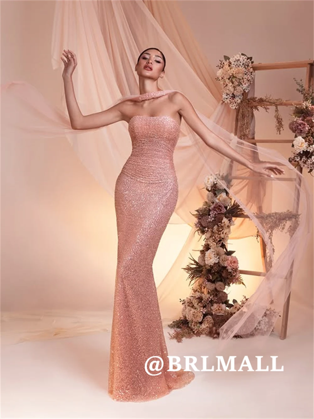 فستان سهرة طويل غمد مزين بالترتر من BRLMALL بدون أكمام للحفلات الراقصة، ذيل محكمة، فساتين حفلات الكوكتيل