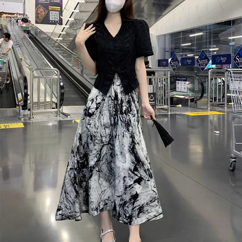 Ensemble de cardigans noirs à manches courtes pour femmes, jupes mi-longues boutonnées, taille haute, ligne A, style chinois vintage, été chic