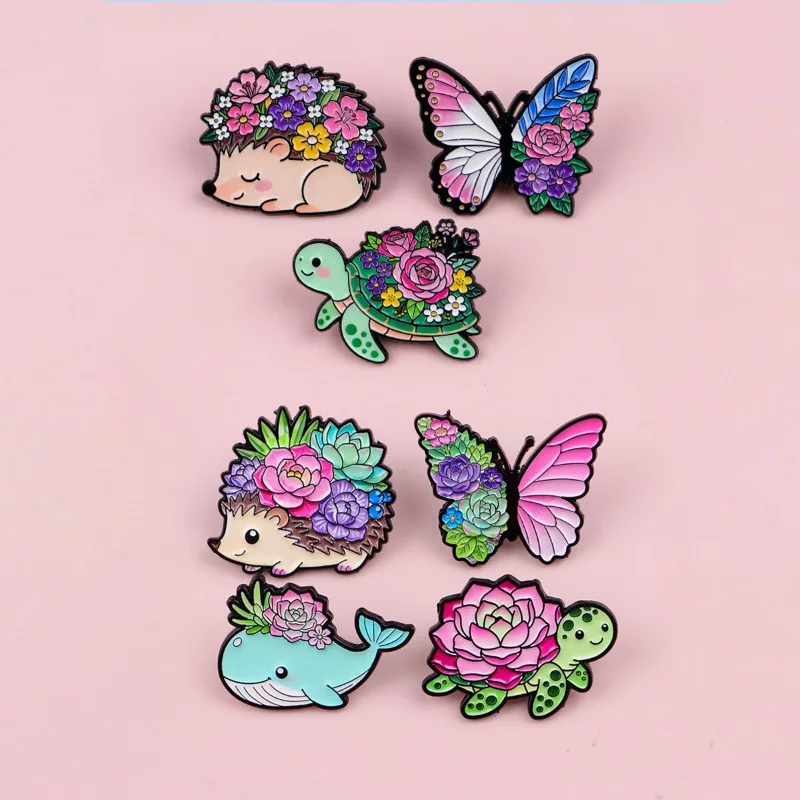 7pcs Cute Hedgehog Lapel Pins for Backpacks Enamel Brooches with Floral & Animal Designs Durable Zinc Alloy for Clothe Briefcase