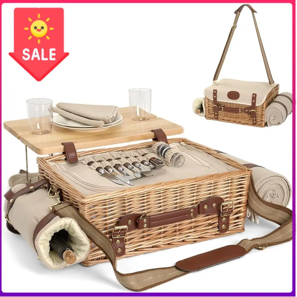 

Бестселлер: Двухслойная плетеная корзина для пикника с термоизоляционными вкладышами, пледом и портативным столиком для активного отдыха на природе