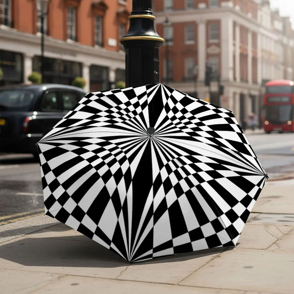 1P C Black and White Geometric Umbrella on a Bright Day Print 8 Iron Ribs Folding Umbrella Auto-Open Fashion Sunshade