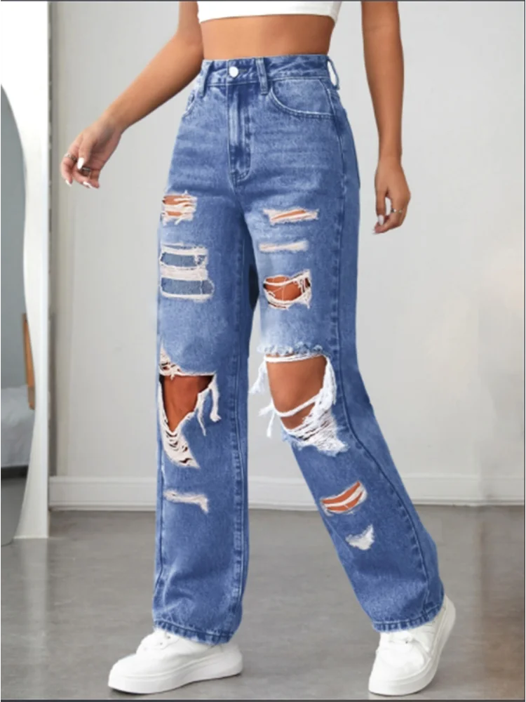 New Women's Pocket Pants Solid Color Ripped Jeans High Street Fashion Casual Comfortable Autumn Straight Leg Pants