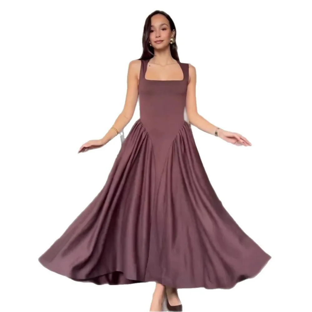 Vestido de verão feminino 2025 verão novo pescoço quadrado sexy sem mangas plissado temperamento fino ajuste vestido para mulher