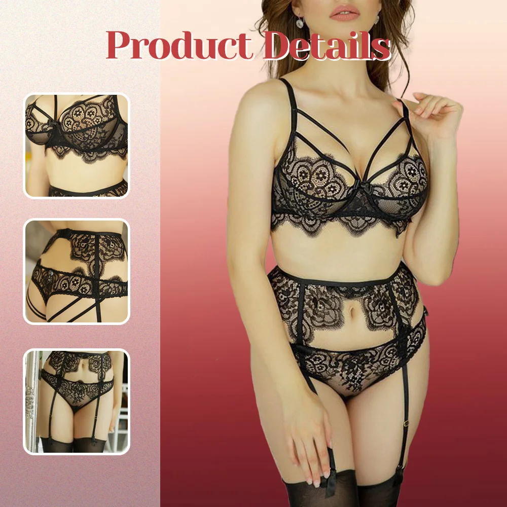 Women's Sexy Lingerie Floral Lace Nightwear, Chest Free Erotic Lingerie, Lace Bodysuit with Leg Garter, Teddy Babydoll Nightgown