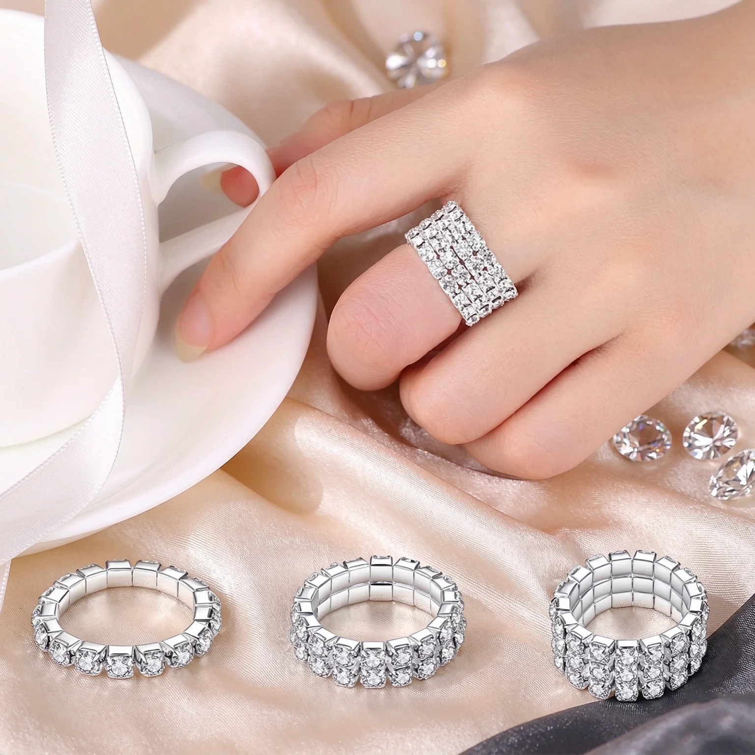 Shiny 925 Sterling Silver Multi Rows Crystal Cubic Zircon Stretch Rings For Women Girls Anniversary Party Fashion Jewelry Gifts