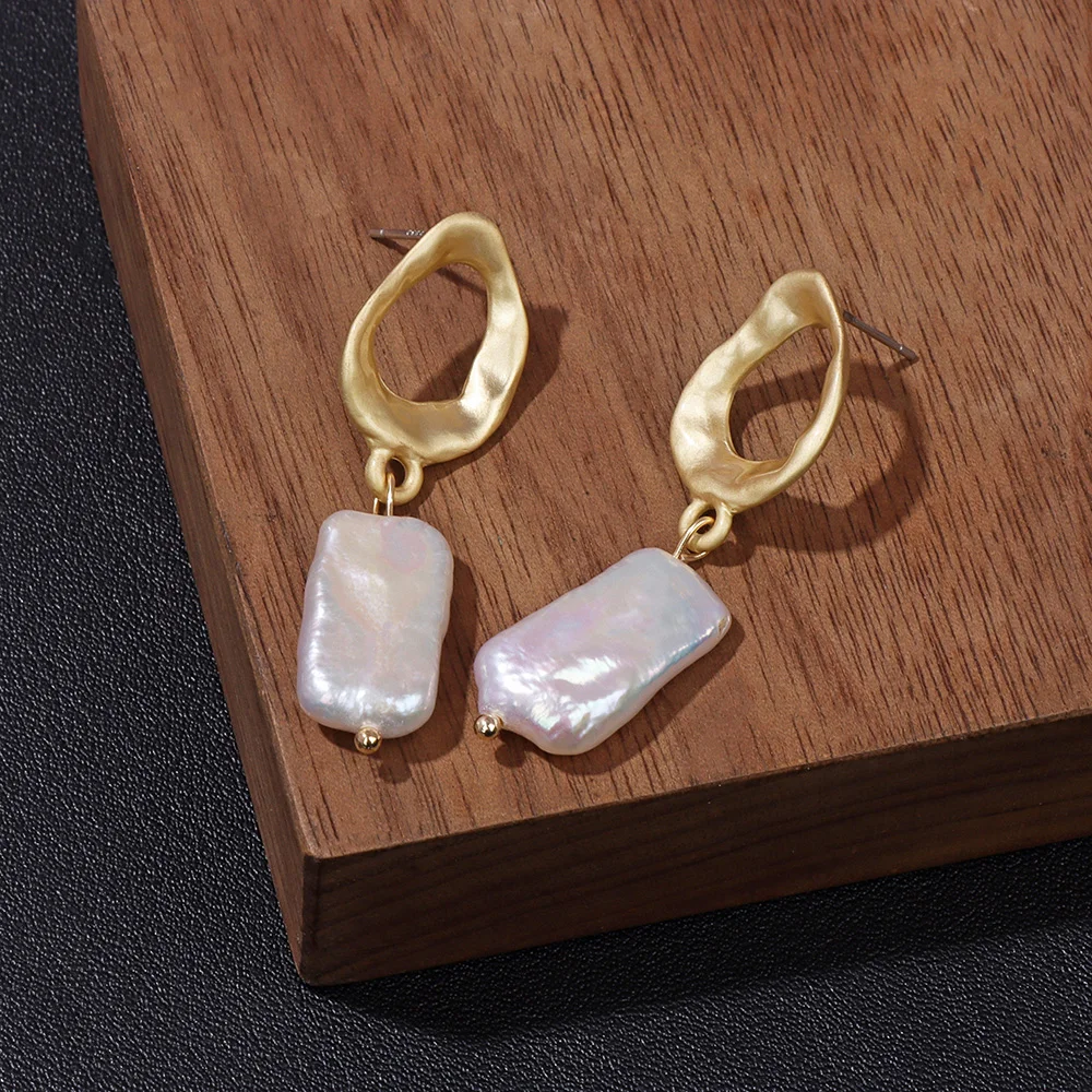 Fashion Natural Pearl Earrings For Women Genuine Baroque Pearl Drop Earrings Handmade Geometric Gold Color Dangle Jewelry Girl