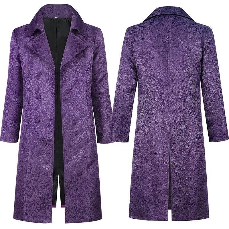 

Adult Men Cosplay Costume Halloween Joker Medieval Jacket Elegant Purple Jacquard Overcoat Long Coat with Notched Collar5;c,8'z,