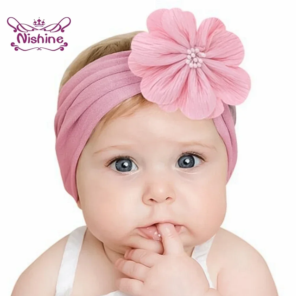 1PCS Baby Girls Fabric Flower with Stamen Nylon Headband Knot Elastic Newborn Toddler Turban Headwraps Kids Hair Accessories