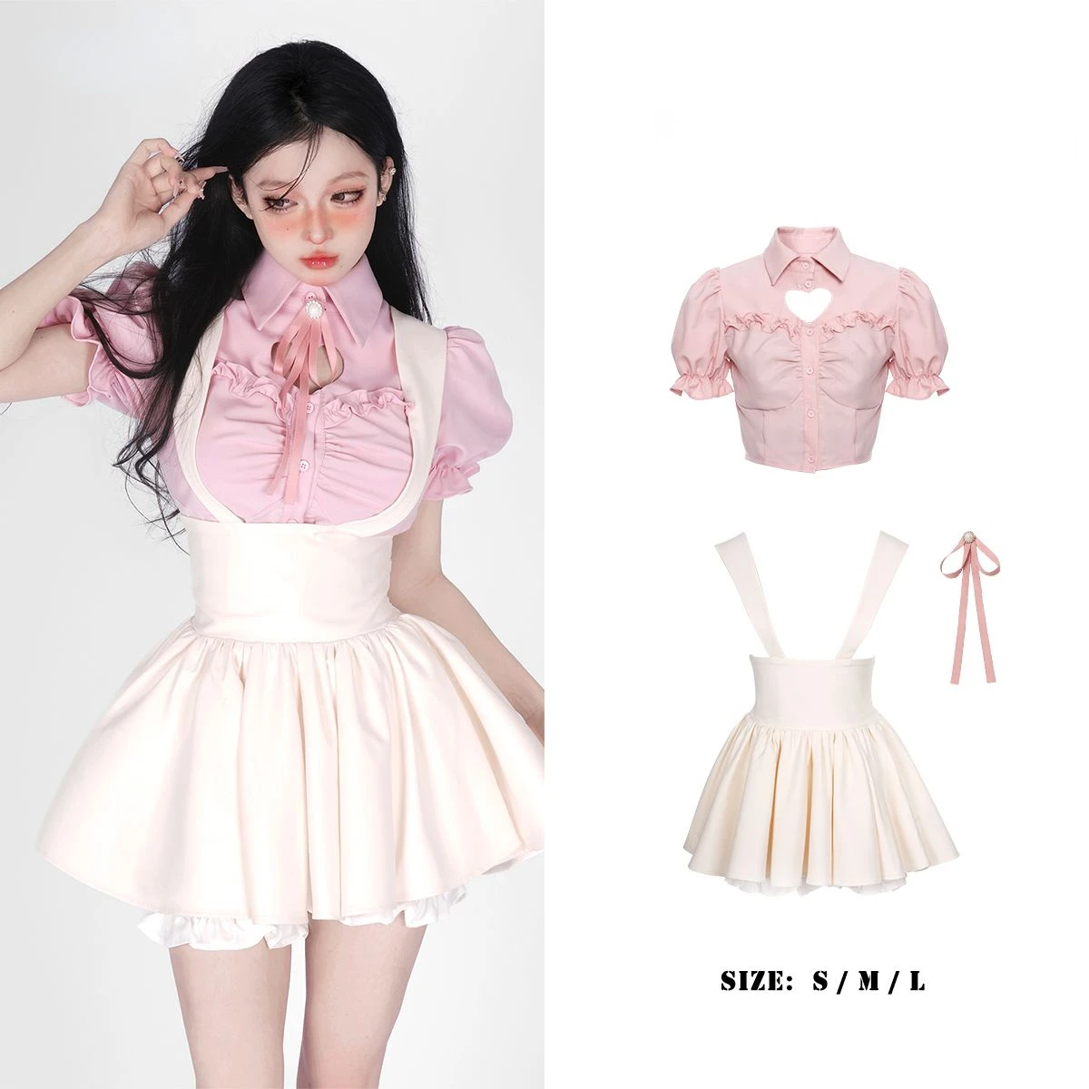 Early Spring New Sweet Girl Suit Women's Pink Bubble Sleeve Shirt Top Apricot Strap Dress Two Piece Set Fashion Female Clothes