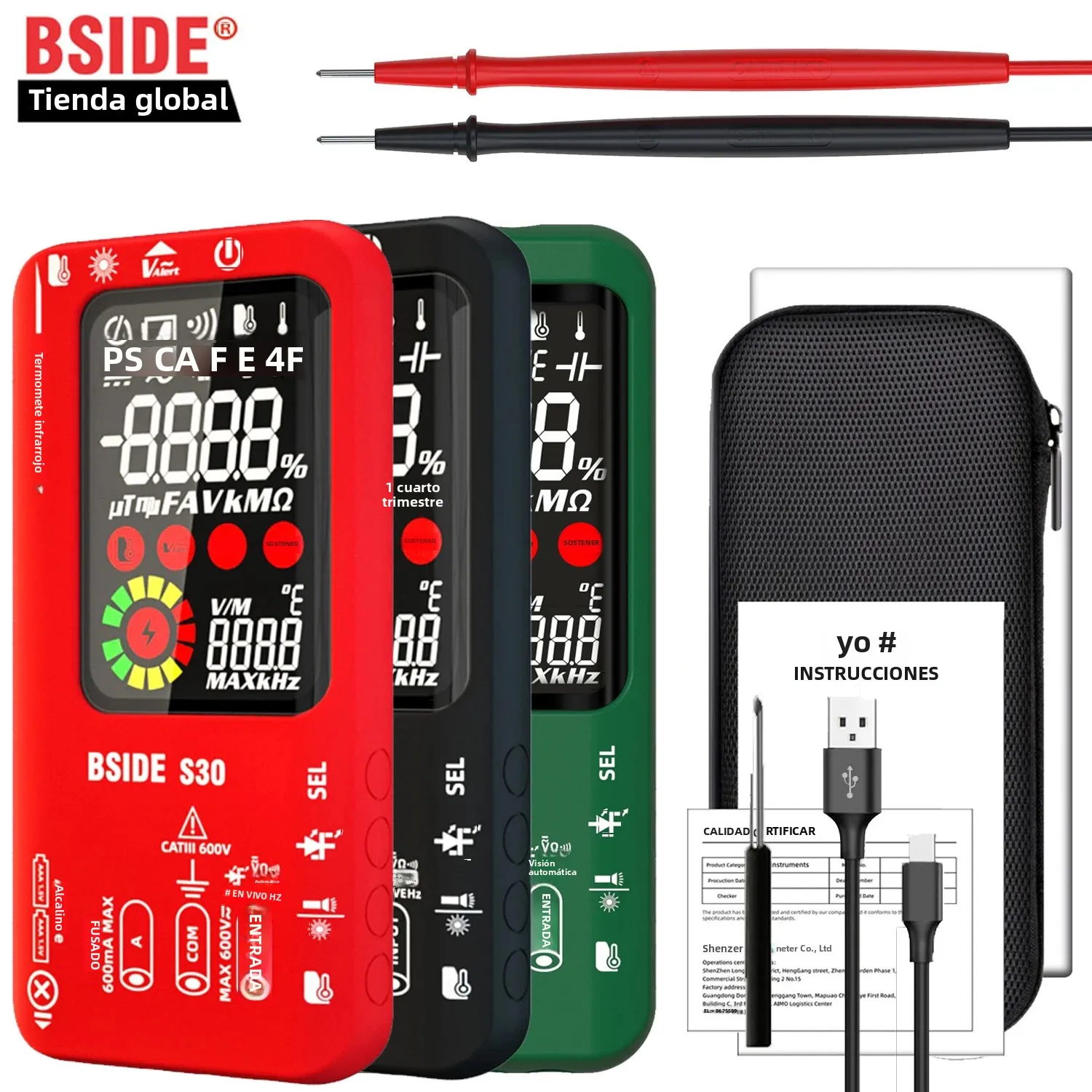 Multímetro Digital inteligente BSIDE S30, termómetro infrarrojo de diodo de 15V, probador electrónico profesional de recarga de corriente de voltaje CA CC