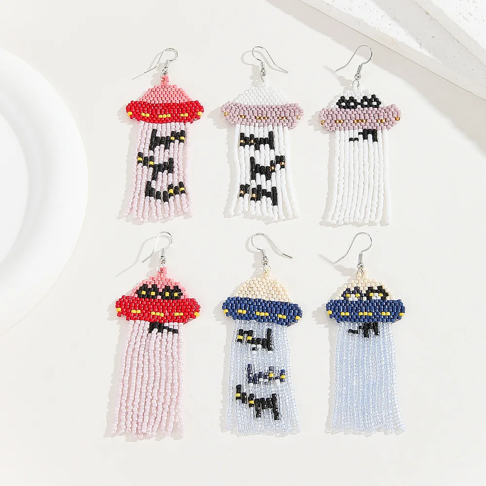 

Rice bead earrings Tassel Originality Design The cat Hand knitting Bohemia Alloy Fashion Simple Beaded earrings