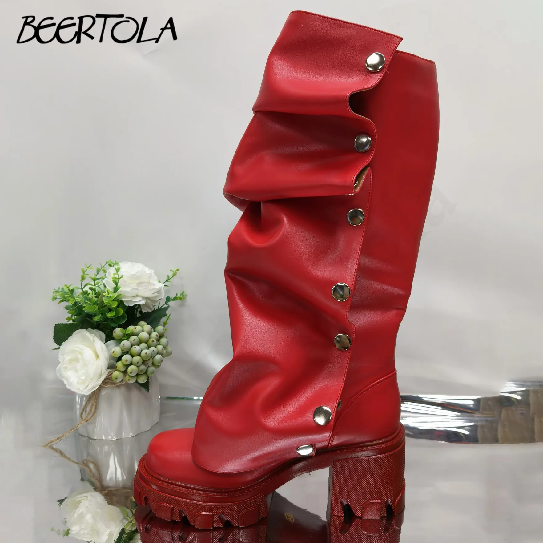 Pleated Studded Thick-Soled Boots Round Toe Solid Color Pull-On Thick Heel Casual Knee-High Boots Large Size Fashionable Boots