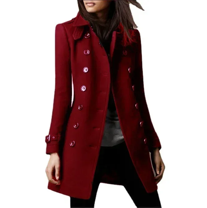 Women Autumn Winter Fashion Casual Coat Long Sleeve Trench Double Breasted Button Coat Warm Outwear