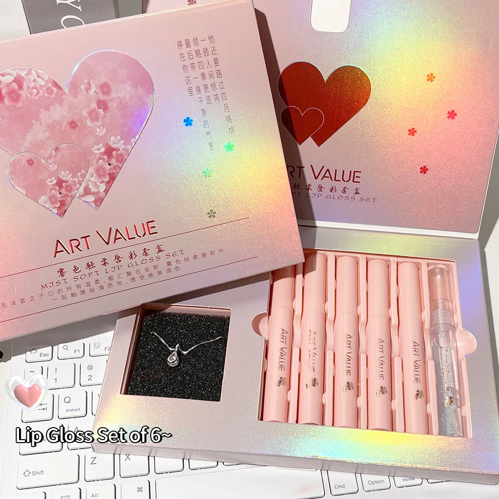 ART VALUE Lips Makeup Sets Include 5 Matte Liquid Lipstick And 1 Lip Balm Oil Nourishing Glitter Lipgloss With Necklace Gift