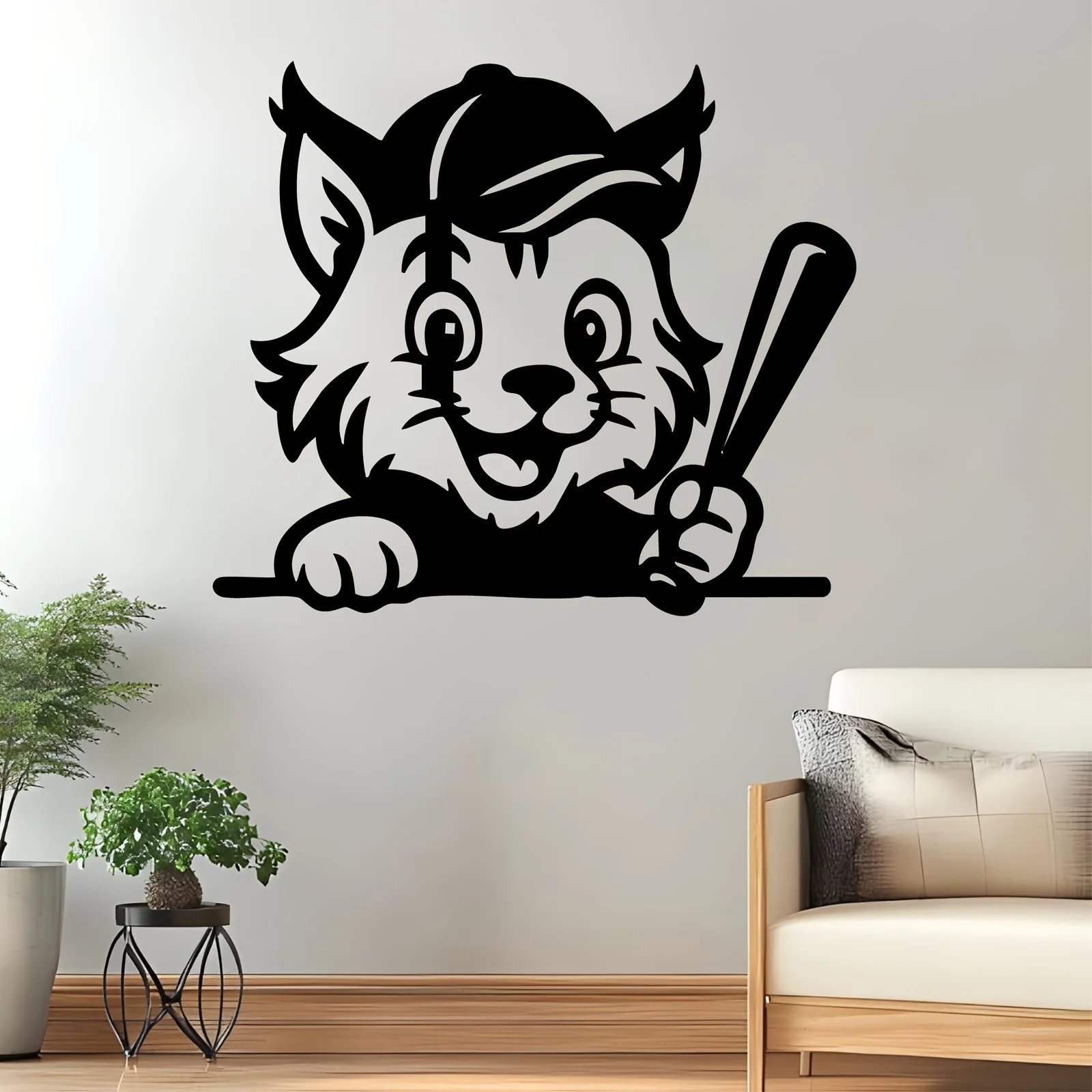 Baseball Cat Iron Wall Sculpture, Weather‑Resistant Patio & Garden Wall Ornament, Ideal Holiday Gift for Pet and Sports Lovers