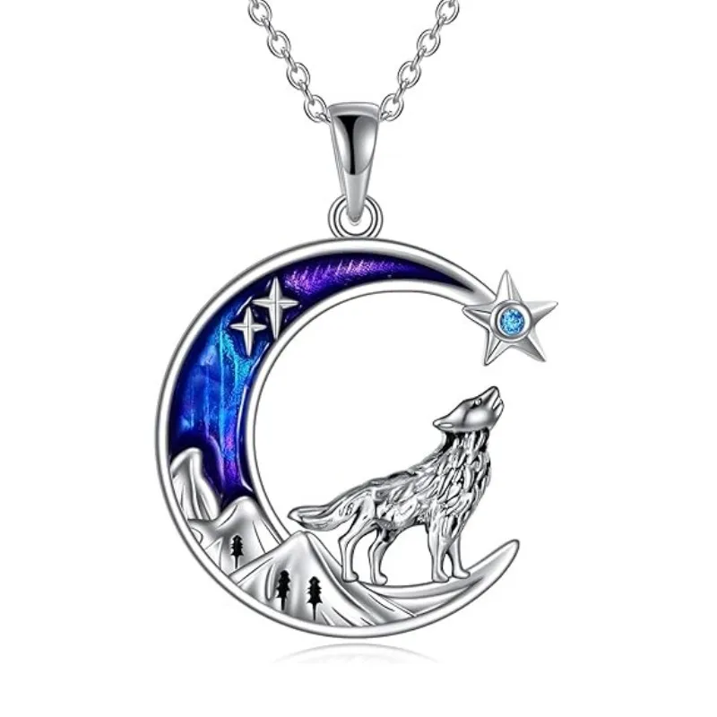 

New fashion design punk style wolf howls on dreamy moon, stars, mountain peaks, trees, pendant necklace for women